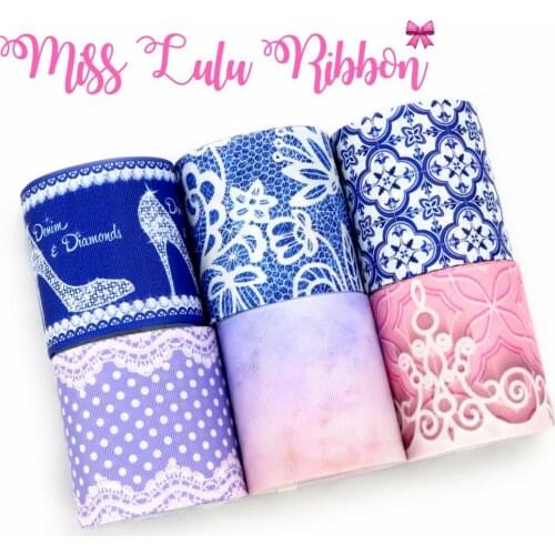 16mm-75mm Jeans Series Gradient Color Flower Printed Grosgrain/Foe Ribbon DIY Hair Bowknots 50yards/roll