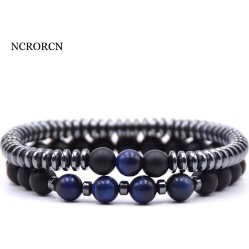 2PCS/Set Fashion Natural stone 8mm beads Bracelet men 6mm Hematite Round tablets Chain Bracelets For Women pulseras