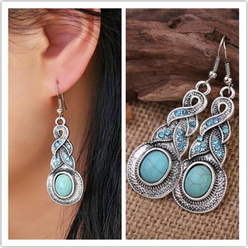 2018 Charming unique design tibetan silver earring with turq stone and blue crystal vintage hoop earrings for women jewelry Hot