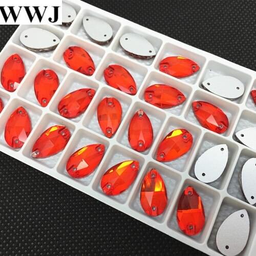 7x12mm 72Pcs/Lot Light siam red Color Teardrop Sew On Stone Flatback 2 Holes Pear Droplet Sewing Glass Crystals Dress