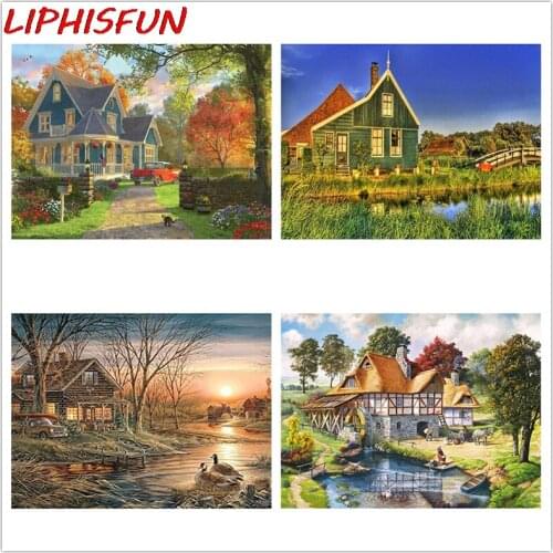 LIPHISFUN diamond Painting country house landscape 5D Diamond Embroidery Sale DIY Rhinestone Picture Home Decor Rural Villa
