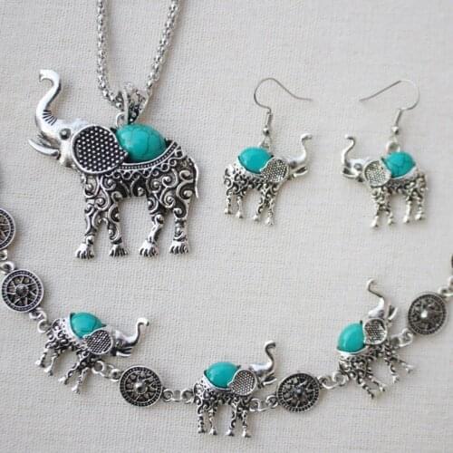 Turquoise Retro Elephant Jewelry Sets Pendant Earring Bracelet 925 Silver Necklace Fashion Charm Amulet for Men Women Gifts