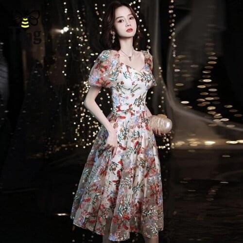Tingfly Vintage Elegant Sweet Luxury Flower Embrodiery Sheer Party Dinner Dresses Summer Puff Sleeve A Line Midi Long Dress Robe