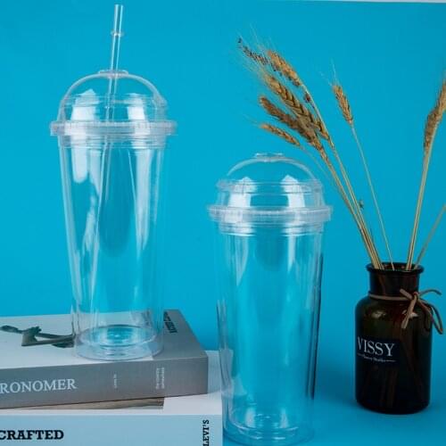 20 Oz Double-layer Transparent Water Cup Milk Cup With Dome Lid Double-wall Plastic Beverage Cup With Straw