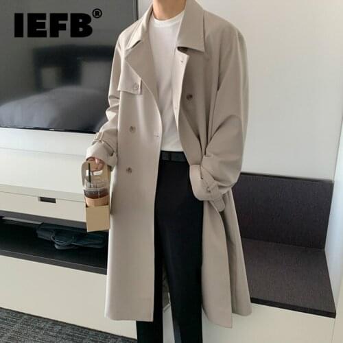 IEFB 2021 Autumn Mid Long Windbreaker Mens Korean Fashion Over Knee Loose Double Breasted Trend British Trench Coat With Belt
