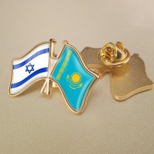 Israel and Kazakhstan Crossed Double Friendship Flags Lapel Pins Brooch Badges