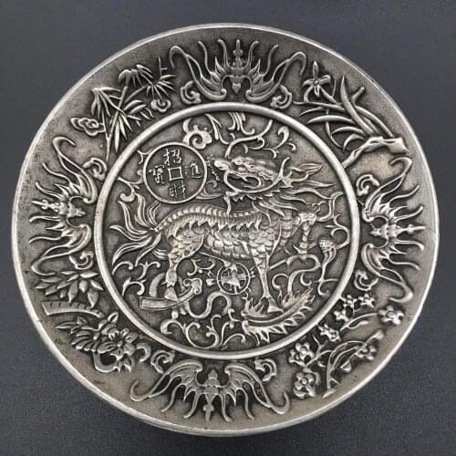 Chinese tibet silver Kirin, bring in wealth, silver dollar coin Plate metal crafts Family decoration
