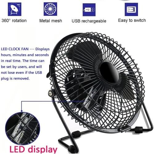 LED Luminous Fan with Temperature Time Portable Desktop Mini Clock Fan 360 Degree Rotation 6 Inch Wrought Iron USB Small Fan