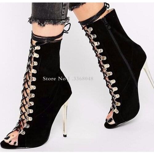 Fashion Black Suede Leather Women Peep Toe Ankle Boots Metal High Heel Ladies Lace Up Buckle Strappy Boots Female Dress Shoes