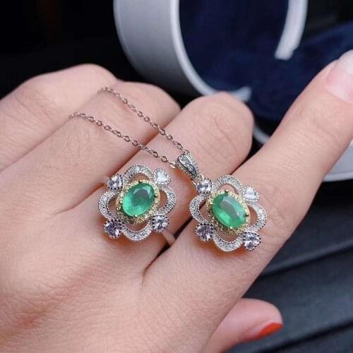 Real Natural Emerald jewelry set Natural Real Emerald 925 sterling silver 1pc pendant,1pc ring