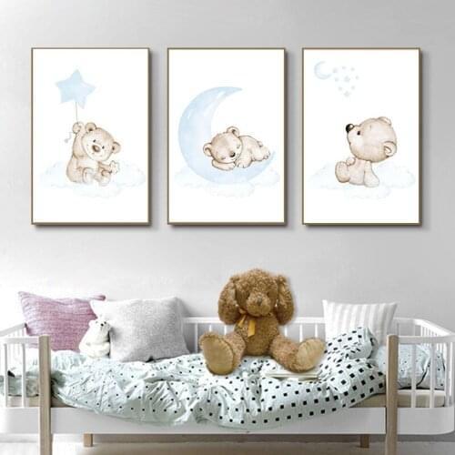 Moon Star Bear Child Wall Poster Canvas Art Print Simple Cartoon Painting Nordic Kids Decoration Picture Baby Boy Bedroom Decor