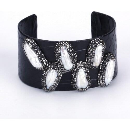 Natural Big Long Freshwater Pearl Beads Charm Pave Rhinestone Black Real Snake Leather Wide Open Bangle Cuff Bracelet for Women