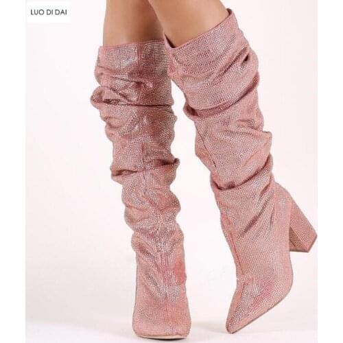 2019 New lady point toe ankle boots diamond stud boots women rhinestone booties slip on chunky heel booties glitter party shoes