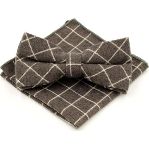 New Arrival Gentlemans Adjustable Leisure Plaid Bowtie Hanky Set Cravat Handkerchief Coffee Butterfly Pocket Square