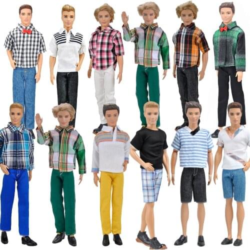 1 Set Ken Doll Clothes Daily Casual Outfit Trousers Long Pants + Striped Plaid Shirt Short Pants for Barbie Ken Doll Accessories