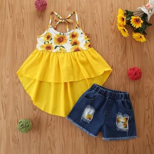 1-6Y Toddler Kids Baby Girl Sleeveless Strap Sunflower Tops Denim Shorts Jeans 2PCS Outfits Summer Clothes Set