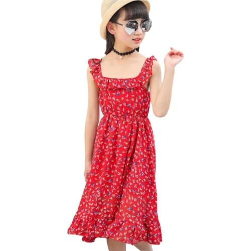 2020 Summer Girls Print Flower Beach Dress Kid School Cute Sleeveless Perform Dance Dress Girls Christmas Wedding Dress