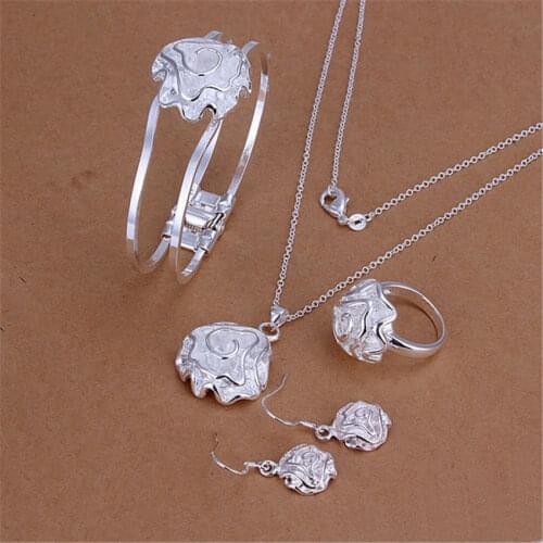 Popular 925 sterling silver rose flower pendant bangle Bracelet necklace rings drop earrings Jewelry set for women Fashion Party