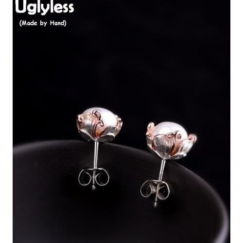 Uglyless Retro Enamel Flower Stud Earrings for Women Natural 10MM Pearl MINI Studs Solid 925 Silver Floral Brincos Jewelry E1434