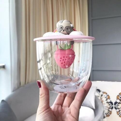 Star Glass Small Raccoon Double Glass Water Cup Bar Coffee Cup Cute Cartoon Strawberry Strainer Glass Gram