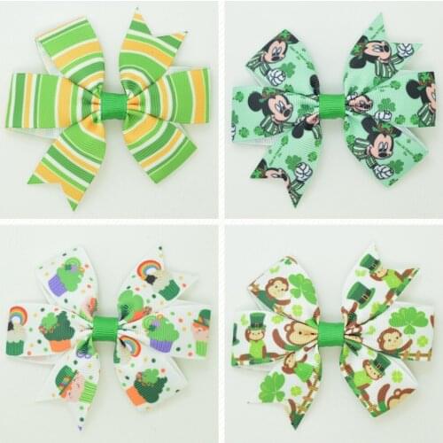 SUPWRF 3.1'' St. Patricks Day Clover bow Girls Hair Bow With Clip Boutique Printed Ribbon headwear diy wholesale 20 PCS T0929