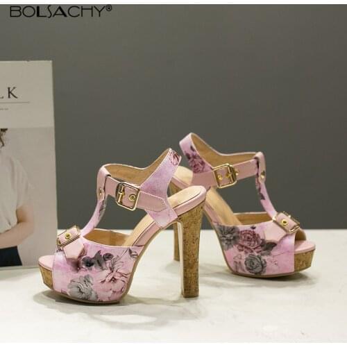 Ladies Shoes 11.5CM High Heels Sandals Summer Sexy Printing Platform Buckle Open Toe Party Dress Women Shoes White Pink Blue