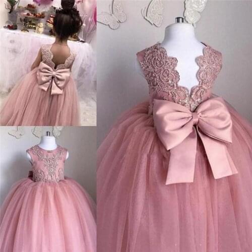 Vintage Flesh Pink Long Flower Girl Dresses Matched Bow Sash Sequined Floor Length Tulle Lace Kids Gowns Wedding Pageant Gowns