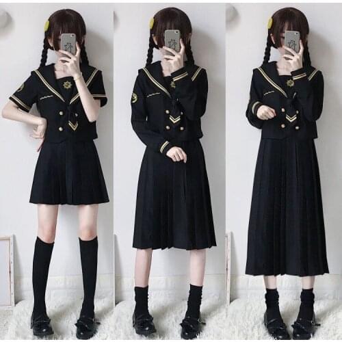Japanese School Uniform Sailor Shirt Skirt Set Bad Girl Doll Black Gothic Solid Color Pleated JK Suit High School Student Outfit