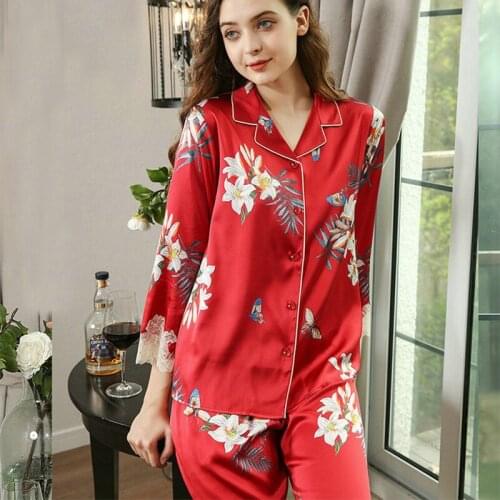 100% silk pajamas for women Winter and autumn summer long-sleeved two-piece suit printing Floral mulberry Real Silk pyjamas