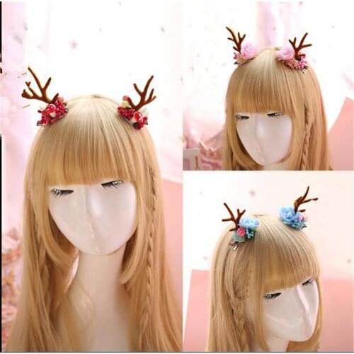 Kawaii Lolita Girl Antlers Flowers Design Headwear Christmas Party Womens Cute Side Clip Hair Accessories B903