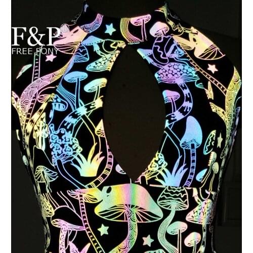Handmade Plus Size Women Rainbow Reflective Mushroom Sexy Cut Out Open Bust Halter Top Burning Man Rave Festival Clothes