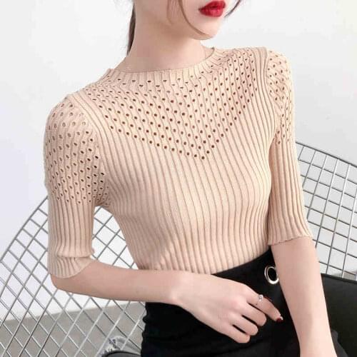 Summer New Hollow Sleeved Knitted Sweaters Woman Half High Round Neck Pullover Fashion Slim Knitted Shirt Jumper Pull Femme