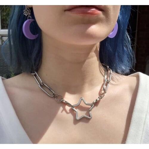 Hip hop Geometric Hollow Five-pointed Star Statement Necklaces For Women Trendy Punk Silver Color Chunky Chain Necklace Jewelry