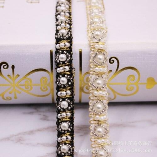 1Yard White/Black/Gold Vintage Pearl Beaded Lace Trimming Tape DIY Lace Fabric Ribbon for Wedding Garment Headdress Accesories