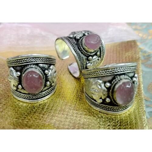 10Pcs/Lot Charm Tibet Silver Ring Carved Lace Pink Crystal Bead Nepal Ring Adjustable Unisex chram