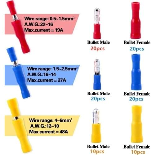 100PCS/50Pairs 3 colors Female and Male Insulated Electric Connector Crimp Bullet terminal for 22~10 AWG Audio Wiring