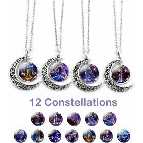 12 Zodiac Signs Half Moon Necklace Aries Taurus Gemini Cancer Leo Pendant Constellation Jewelry Women Fashion Accessories