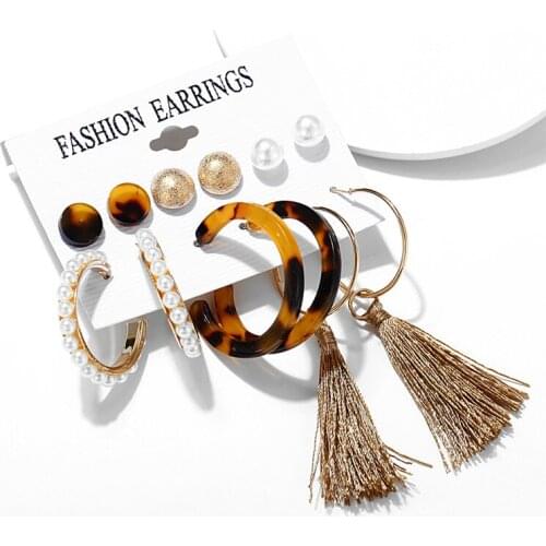 Bohemian Tassel Earrings For Women Vintage Gold Leopard Pearl Drop Earrings Set Dangle Geometric Earring Acrylic Jewelry Set