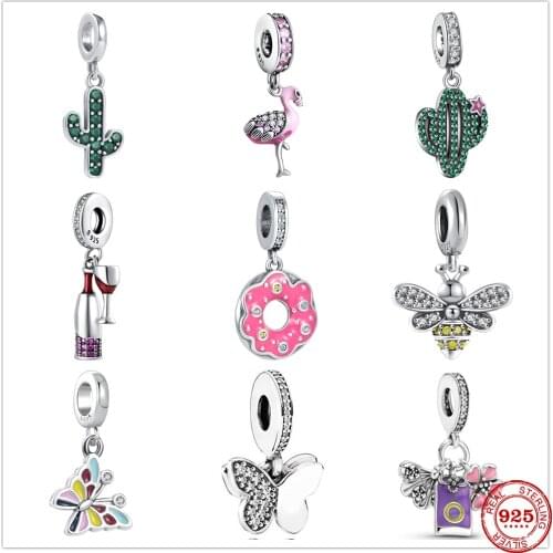 925 Sterling Silver Cactus Wine Glass Donuts Butterfly Bee Flamingo DIY fine beads Fit Original Pandora Charm Bracelet Jewelry