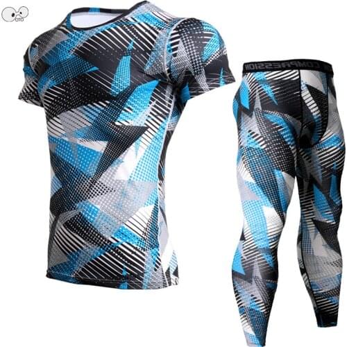 Short Sleeve Quick Dry Compression Running Set 2019 Camouflage Mens Sport Suit Tight-Fitting Clothes Gym Fitness Camo Sportswear