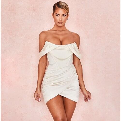 DEIVE TEGER IVORY SATIN CORSET DRESS Women Mini Off Shoulder sexy party club dress bodycon draped lady summer dress 8242