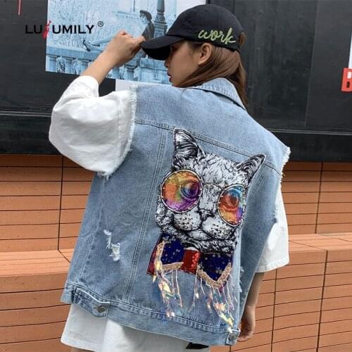 Lusumily Denim Waistcoat Jacket Women Vest Sequin Cute Cat Female Sleeveless Jean Jacket Casual Cowboy Outwear Denim Vest Tops