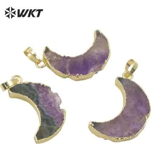 WT-P1705 New Small size Slice gold plated crescent moon Aemthyst stone pendant moon lady raw stone moon pendant for necklace