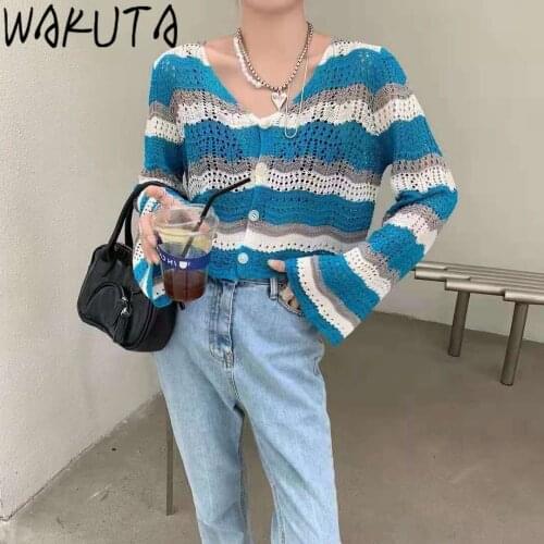 WAKUTA Casual Striped Loose-fitting Knitted Thin Cardigans 2021 New Office Lady V Neck Long Sleeve Sweater Single Breasted 9F748