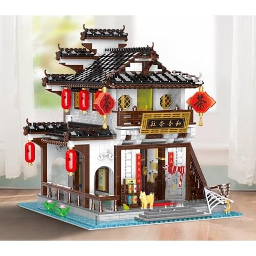 Chinese Ancient Architecture Tea House Building Blocks City Street View with Figures Model Bricks Toys for Kids Gifts