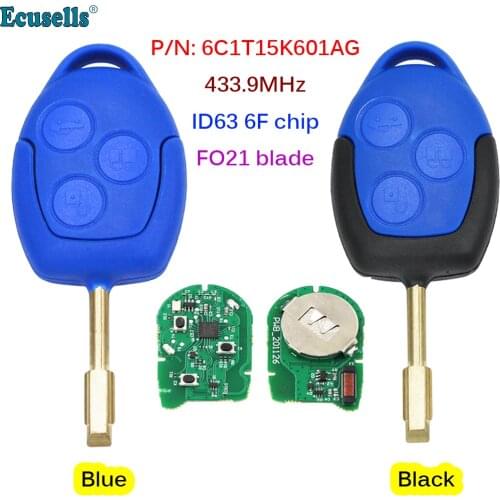 3 Buttons Remote Car Key 433MHz 4D63 6F Chip FOB for Ford Transit WM VM 2006-2014 P/N: 6C1T15K601AG-Black Head FO21 Blade