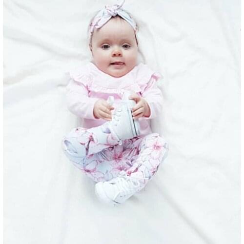 3Pcs Newborn Baby Girls Clothes Pink Fold Ruffle Long Sleeve T-shirt Tops Casual Flowers Pants and Headband Outfits Set