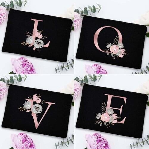 Pink English Alphabet A-Z Printing Makeup Bags Simplicity Black Organizer Bag Outdoor Travel Womens Toiletries Cosmetic Bags