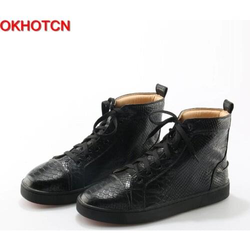 Black High Top Men Casual Shoes Genuine Leather Lace Up Snake Zapatos De Los Hombres Shoes Plus Size Waterproof Leisure Sneakers