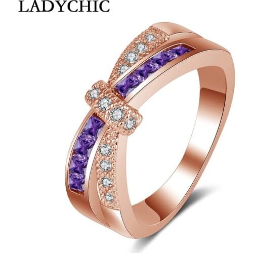 LADYCHIC Trendy Purple Princess Cut Zircon Cross Ring for Lady Hot Sale Wedding Engagement Crystal Ring Female Jewelry LR1060